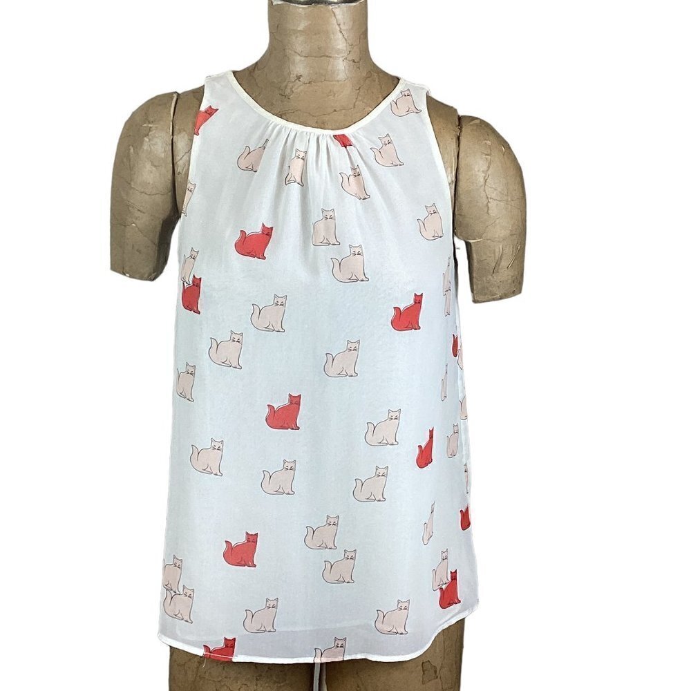 Zara Trafaluc Sleeveless Cat Print Blouse Chiffon Sz S #238C - Picture 2 of 9